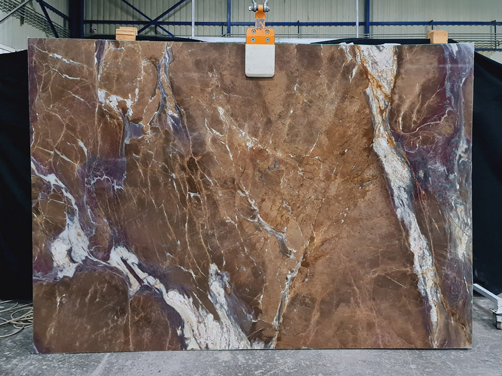 Brown marble with purple & white veining slab.