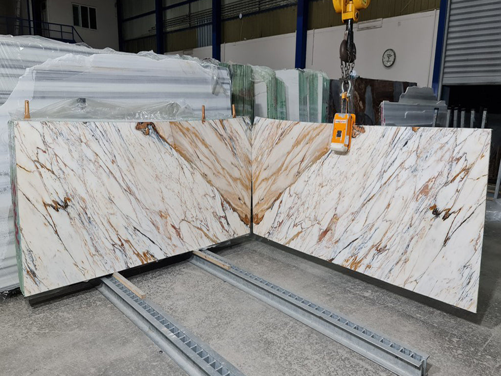 Gold veining marble slab book matched