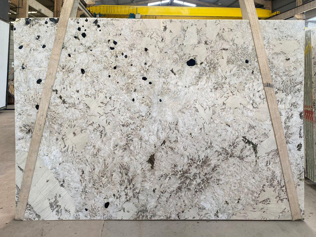 white granite with dark speckles and patterns slabs