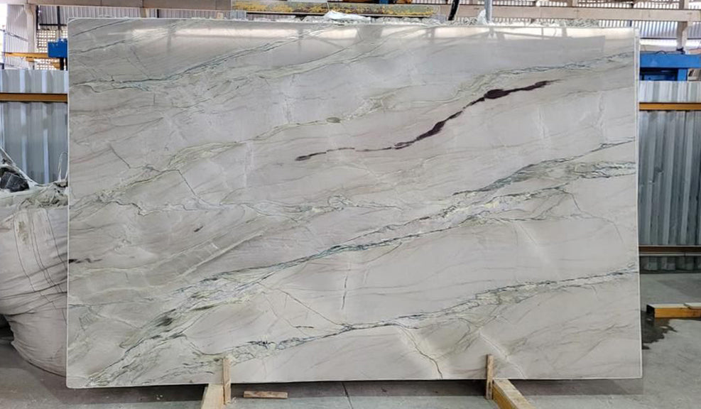 gray quartzite with green and black veining slab