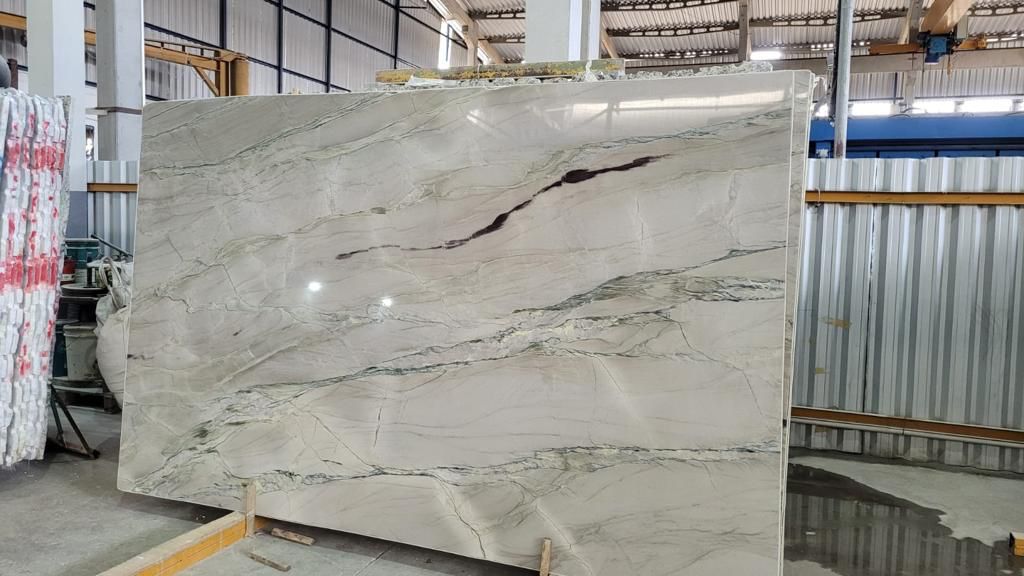gray quartzite with green and black veining slab