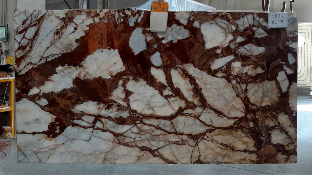 White marble with deep red veining slab 
