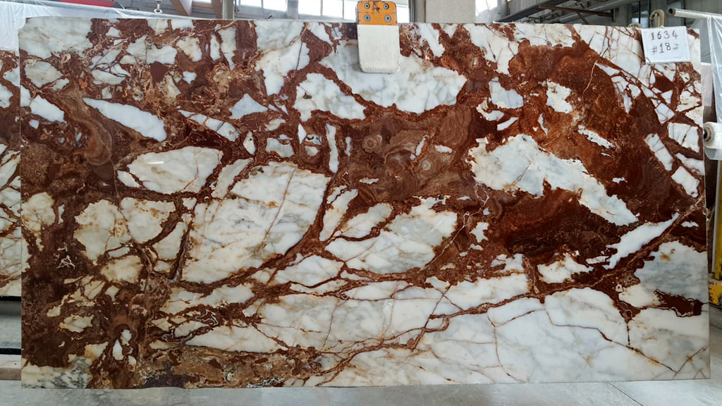 White marble with deep red veining slab 