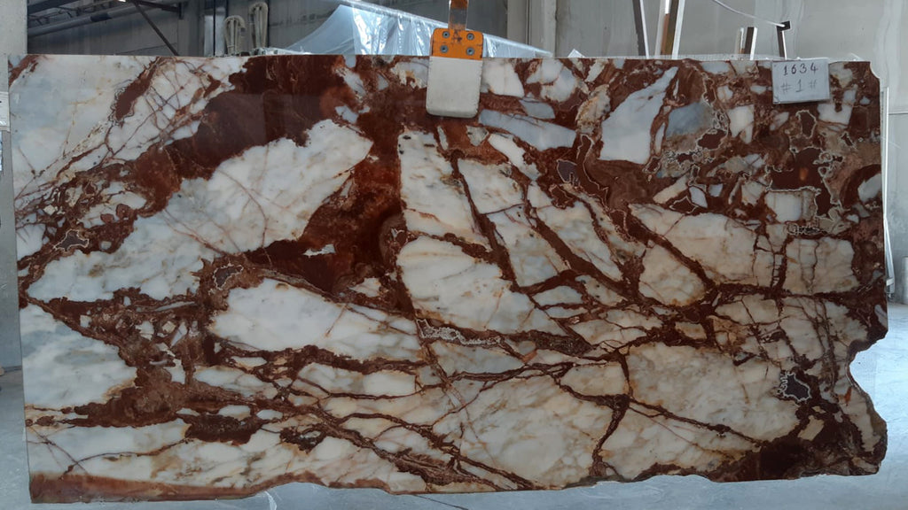 White marble with deep red veining slab 