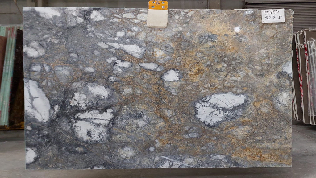 Marble with gray, blue and brown textures slab