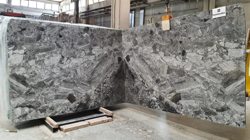 Gray Marble with black and dark details slab book matched