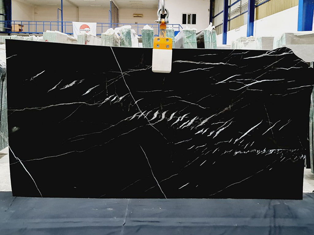 Slab of Black Marble with White Veining