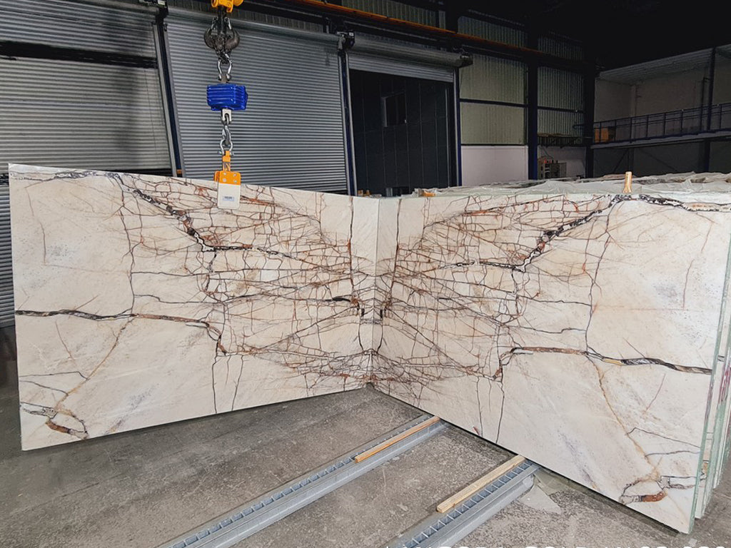Beige Marble with cracking veining Slab Bookmatched