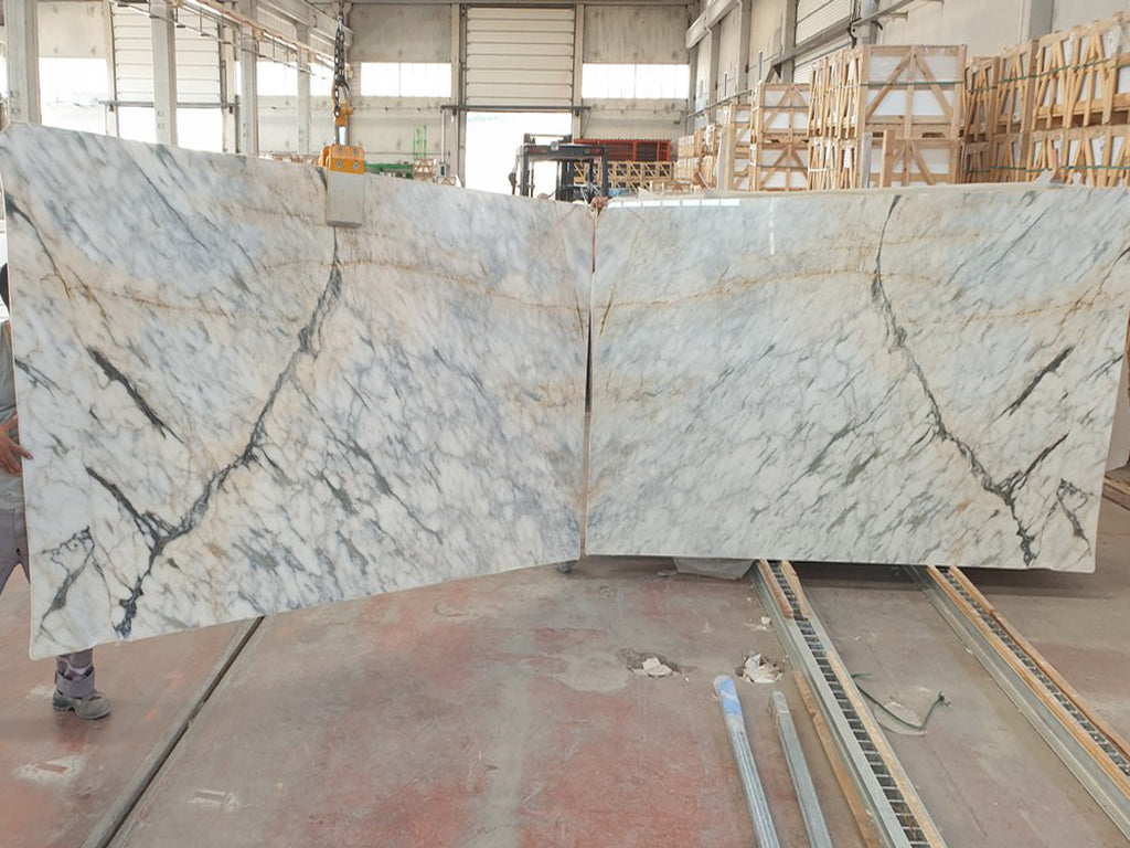White/Gray marble with dark veining slabs book matched