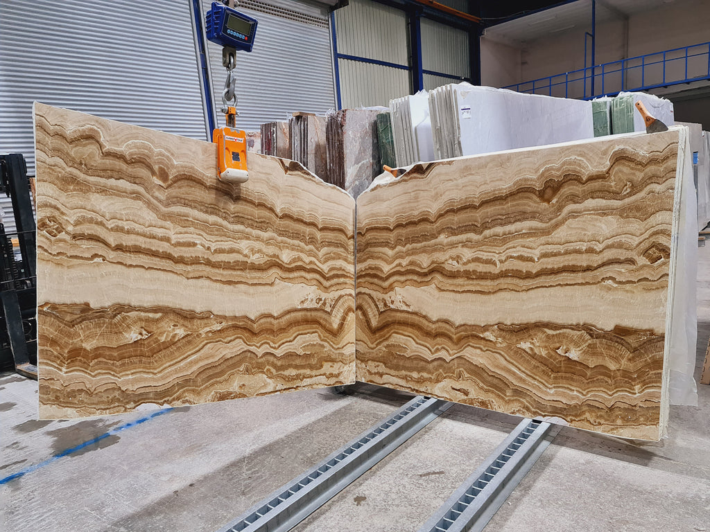 Onyx with beige & brown veining slabs book matched