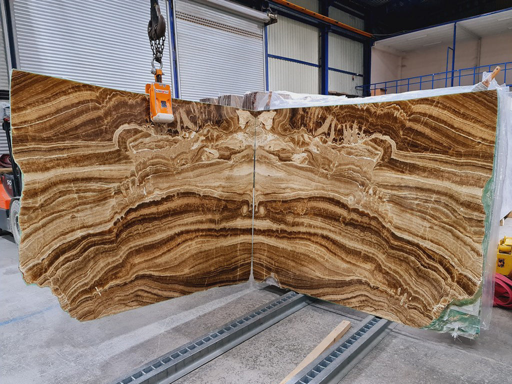Onyx with beige & brown veining slabs book matched