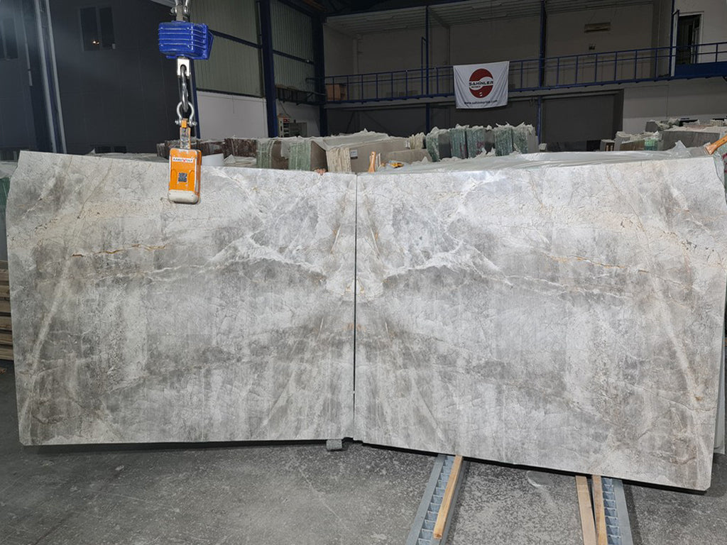 Gray marble with veining slabs book matched