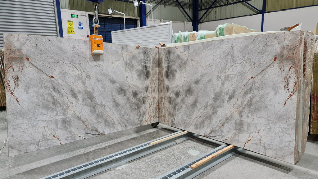 Gray marble with veining slabs book matched