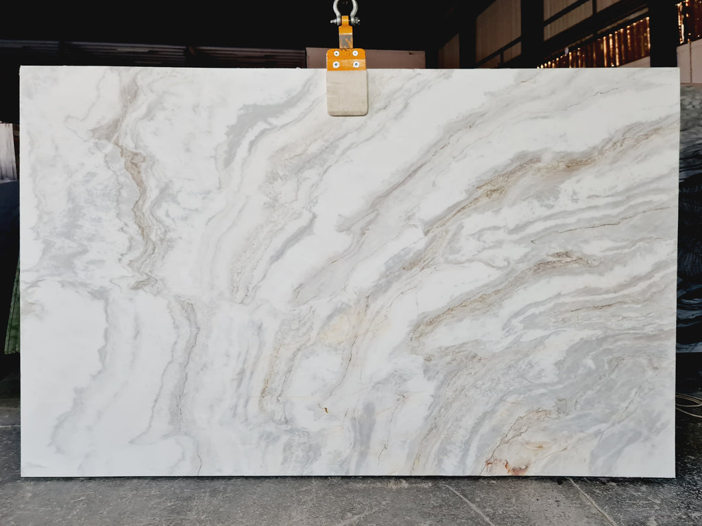White marble with gray cloudy veining slab.