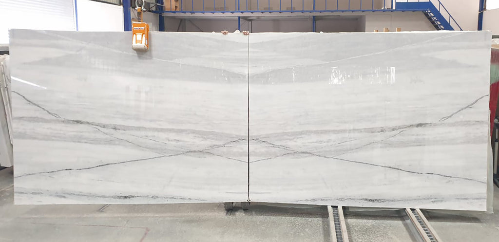 White Stone with gray & black veining slab book matching.