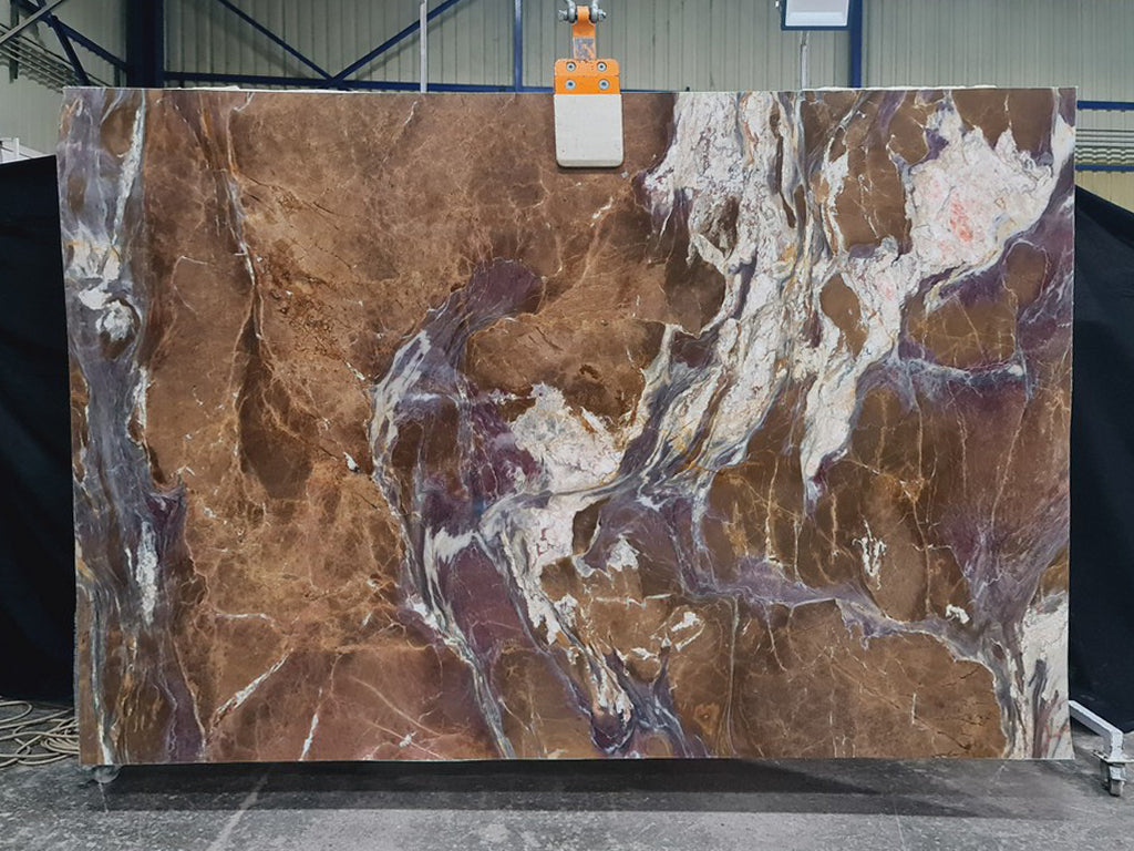Brown marble with purple & white veining slab.