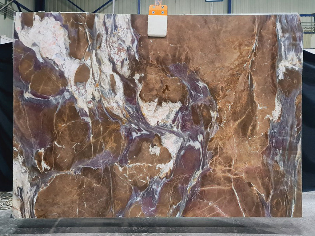 Brown marble with purple & white veining slab.