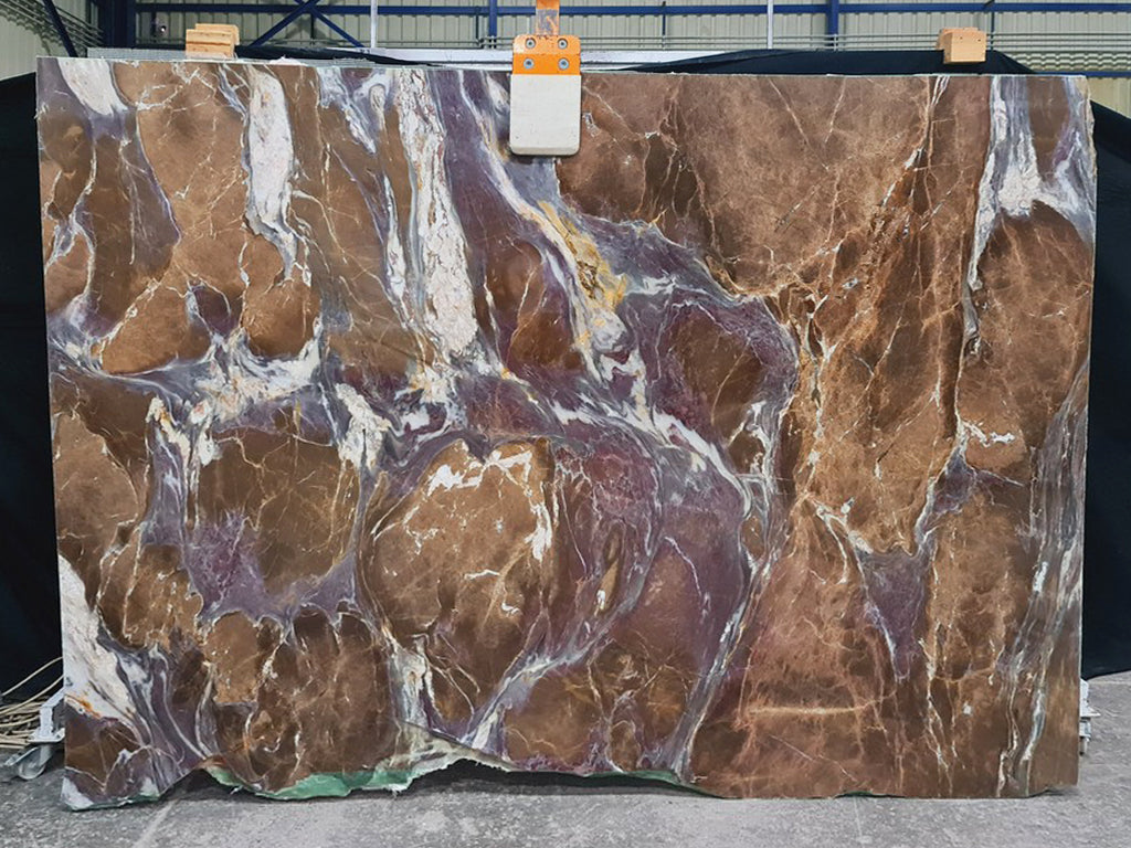 Brown marble with purple & white veining slab.
