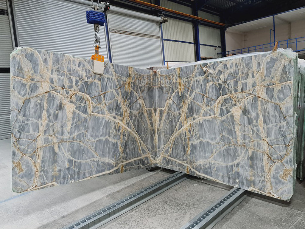 Blue Marble with Translucent Gold Veining Book Matched Slabs