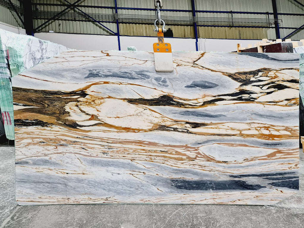 Marble with blue & gold veining slab back lit