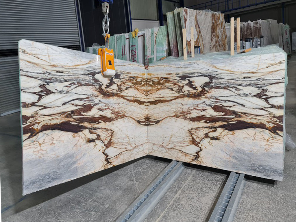 Marble with blue & gold veining book matched slabs