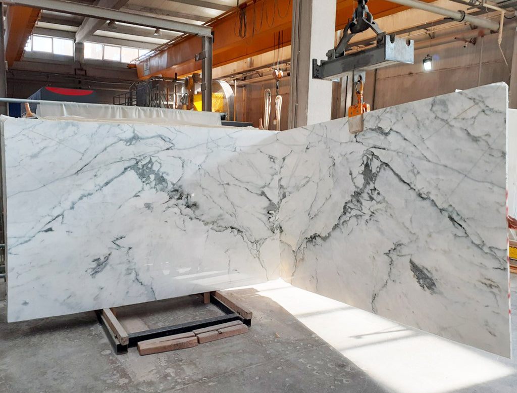 White Marble with green veining slab book matched