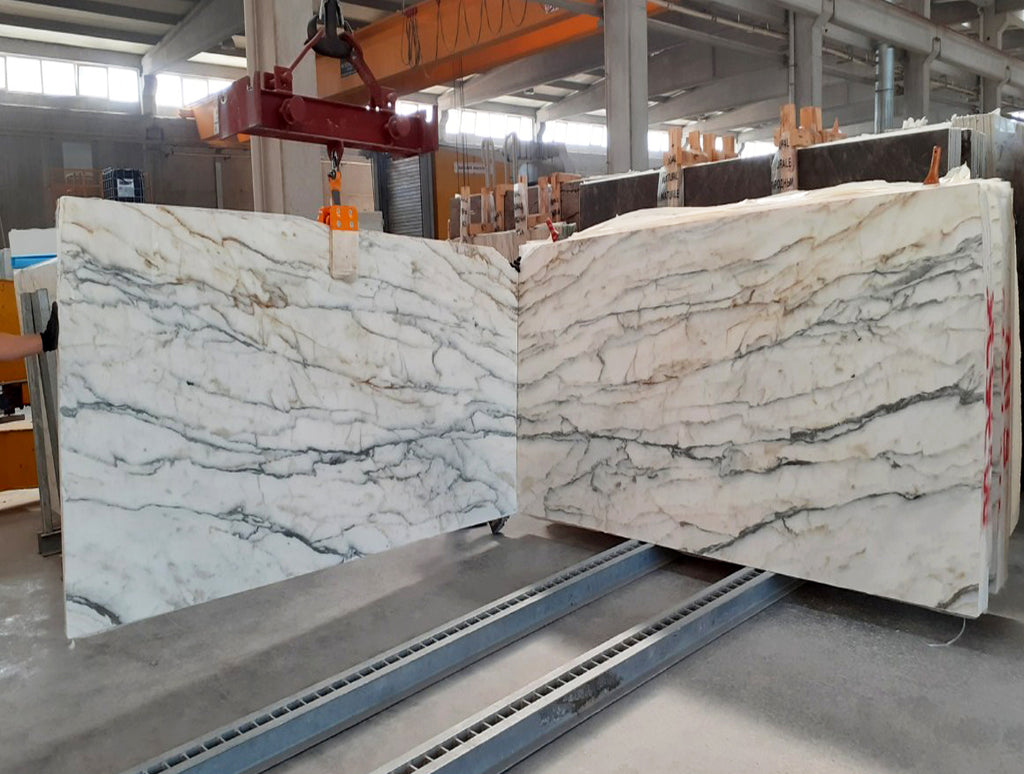 White Marble with green veining slab book matched