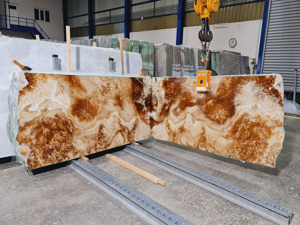 Coca cola textured onyx slabs book matched
