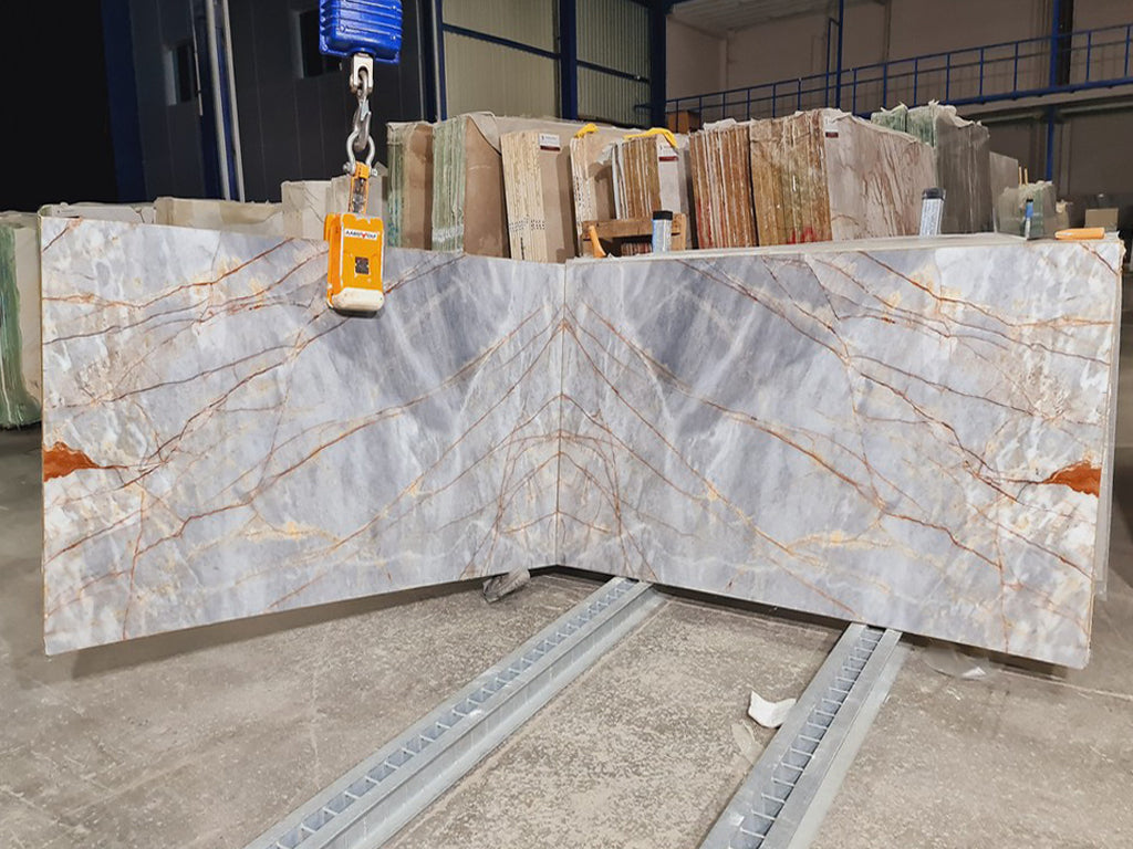 Blue Gray stone with red/orange veining slabs book matched