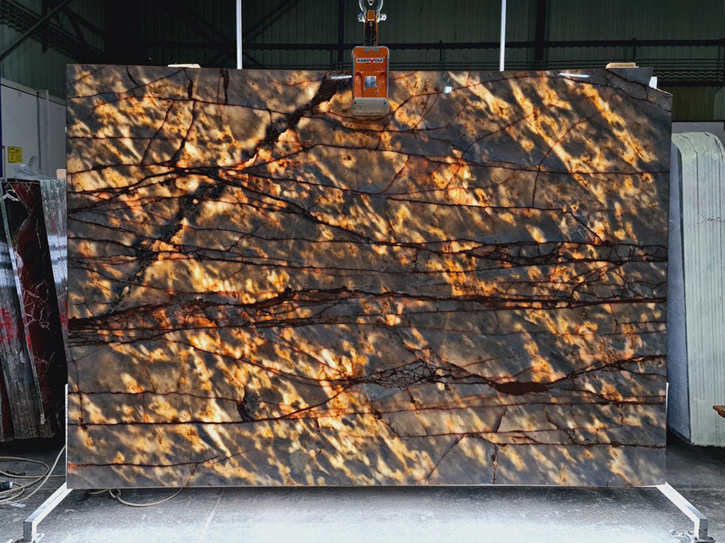 Blue Gray stone with red/orange veining back lit slab