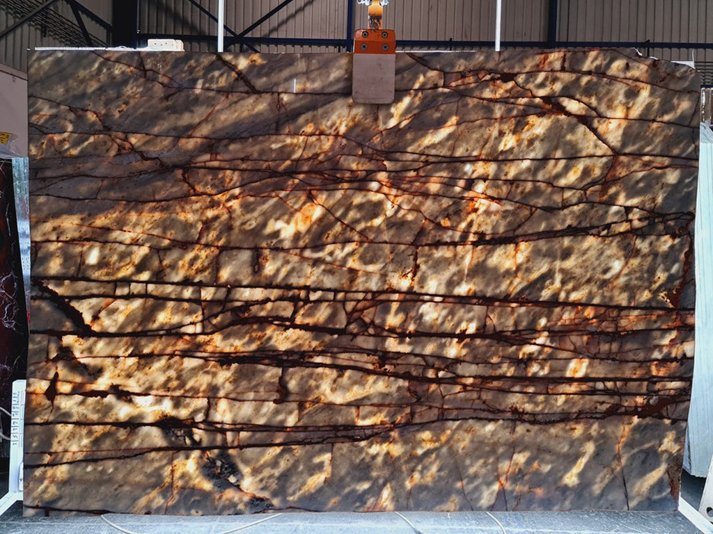 Blue Gray stone with red/orange veining back lit slab