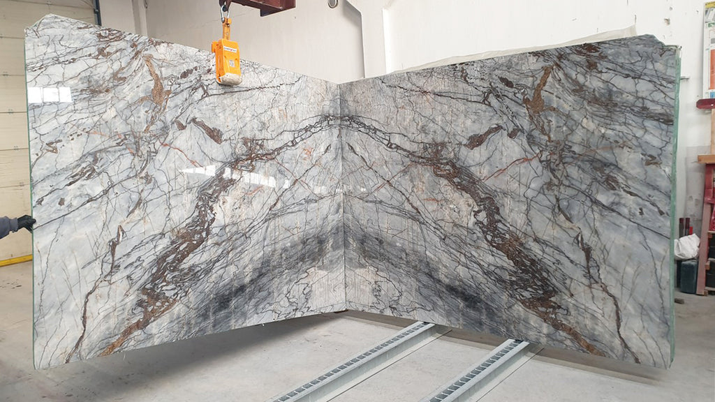Gray stone slabs with red & dark gray veining