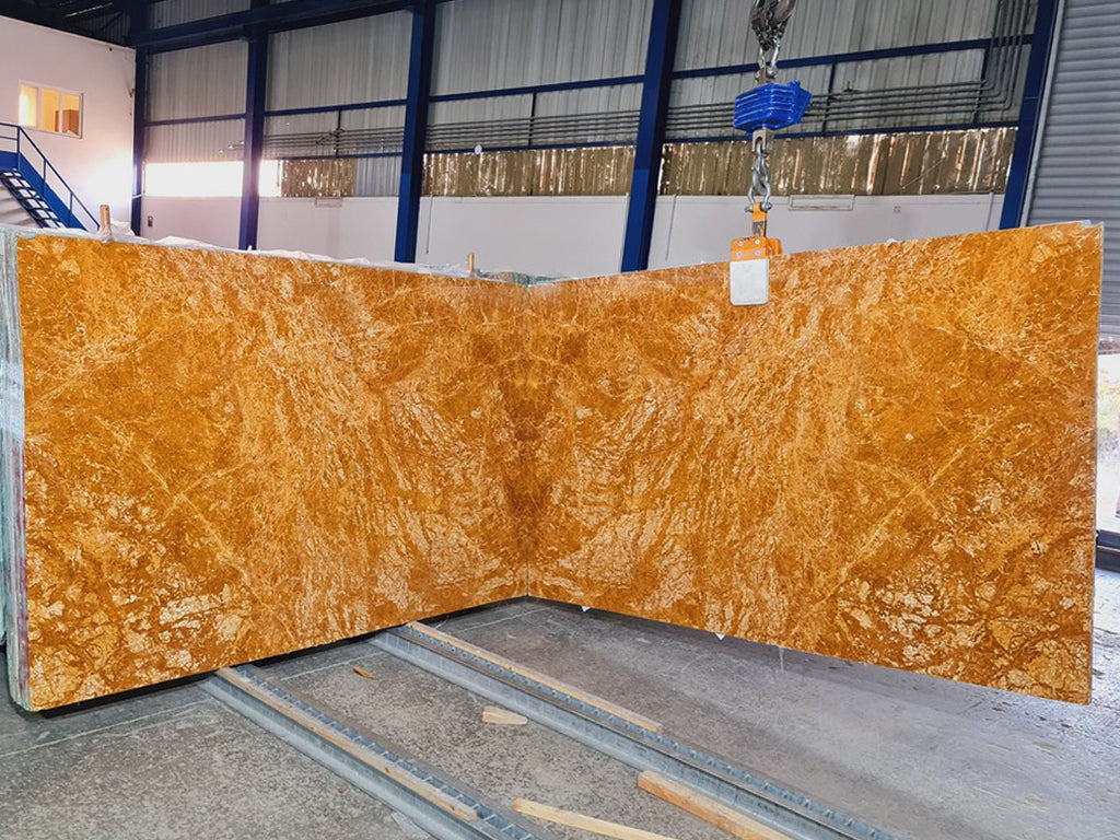 Orange & Amber marble slabs book matched
