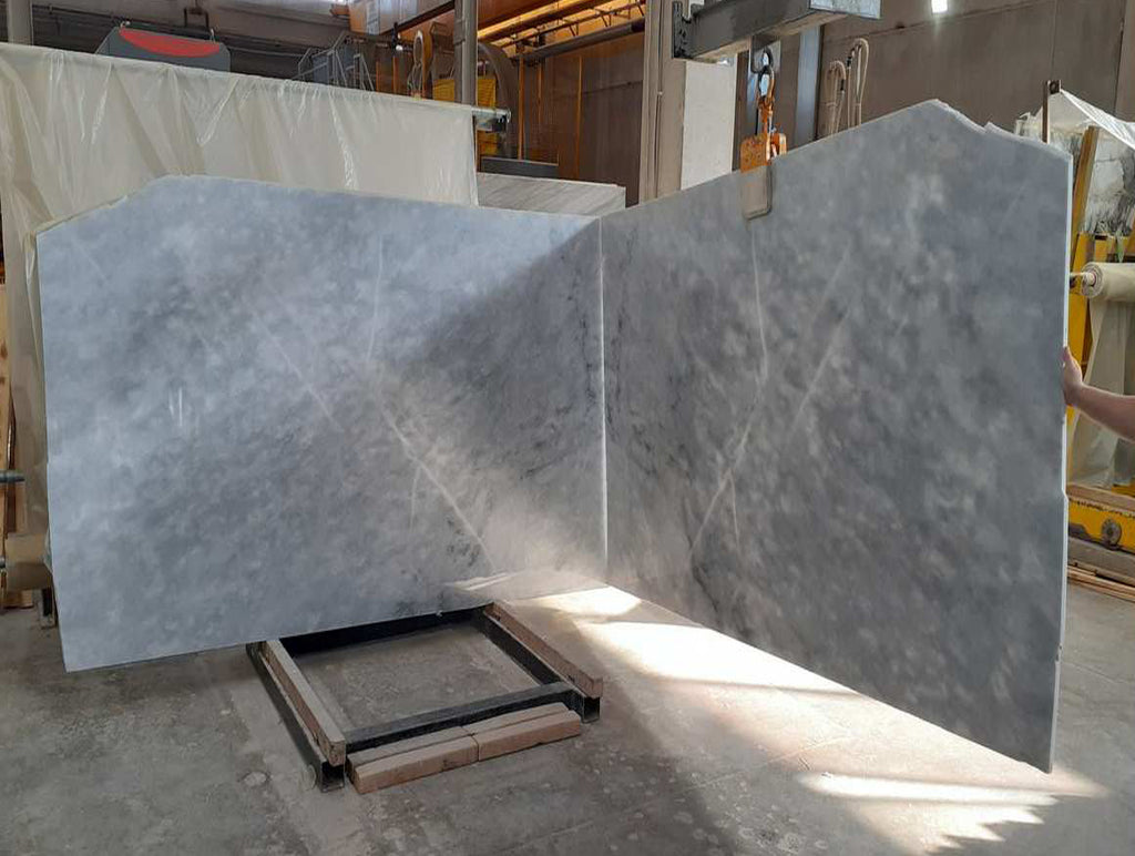 Gray blue marble slabs book matched