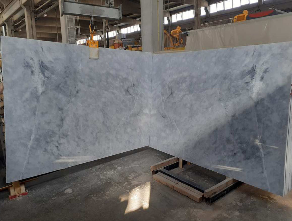 Gray blue marble slabs book matched