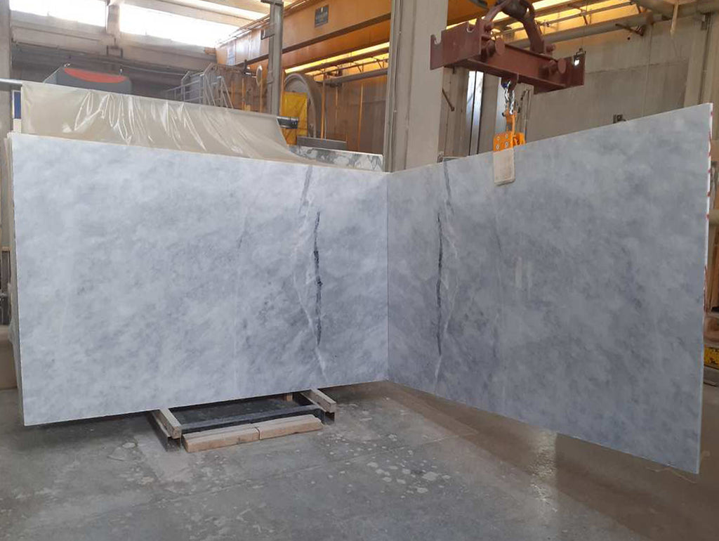 Gray blue marble slabs book matched