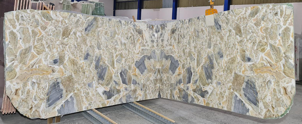 Blue, gold & white marble book matched