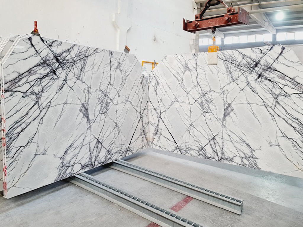 White marble with purple veining slab book matched