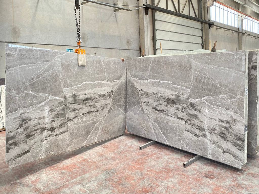 Warm gray marble with white & black veining slab book matched