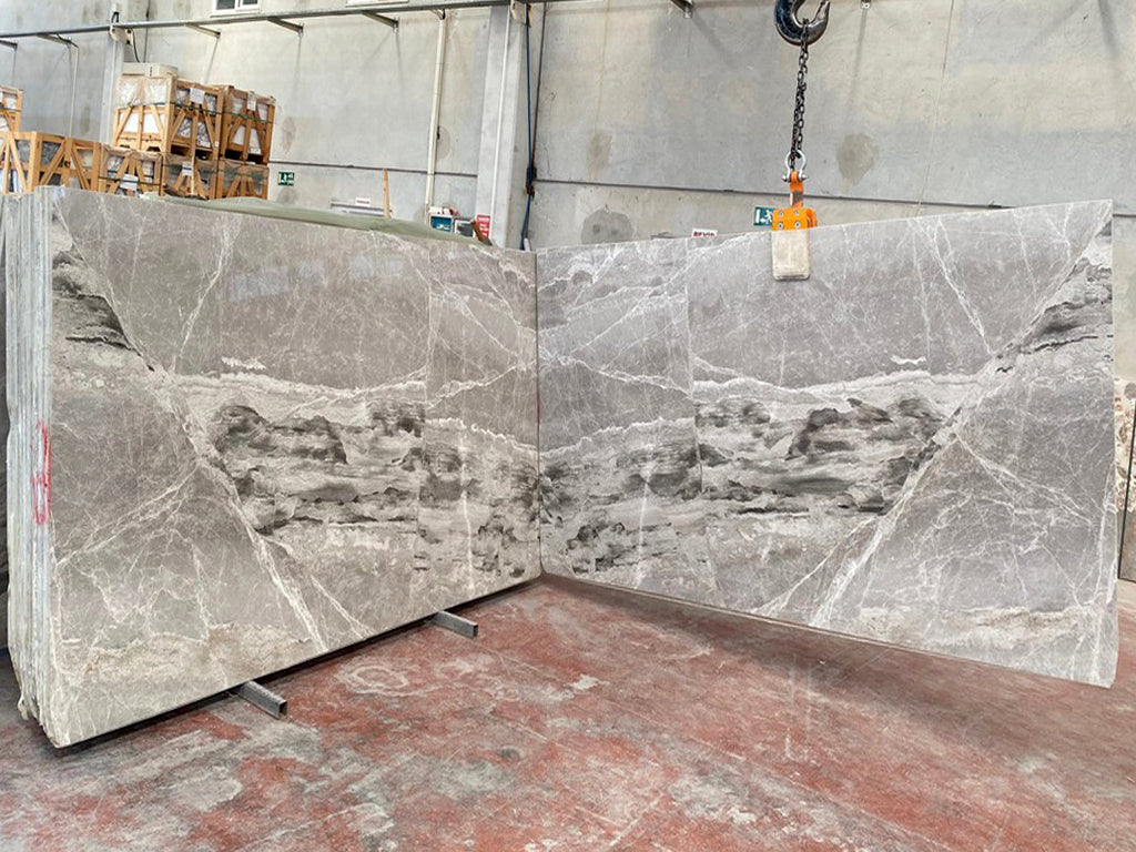 Warm gray marble with white & black veining slab book matched
