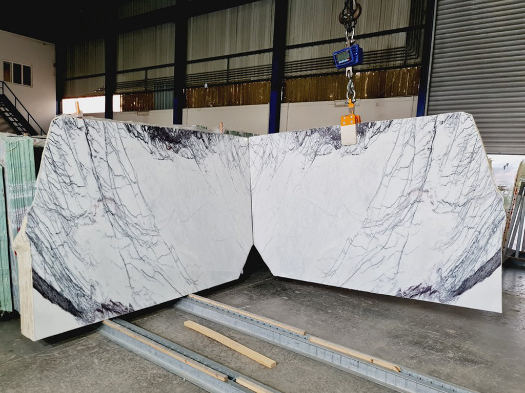 White Marble with purple veining slabs book matched