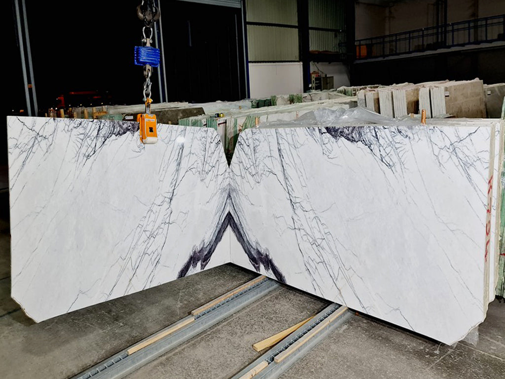 White Marble with purple veining slabs book matched