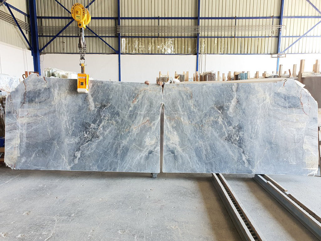 Blue Gray marble with white and black veining slabs book matched