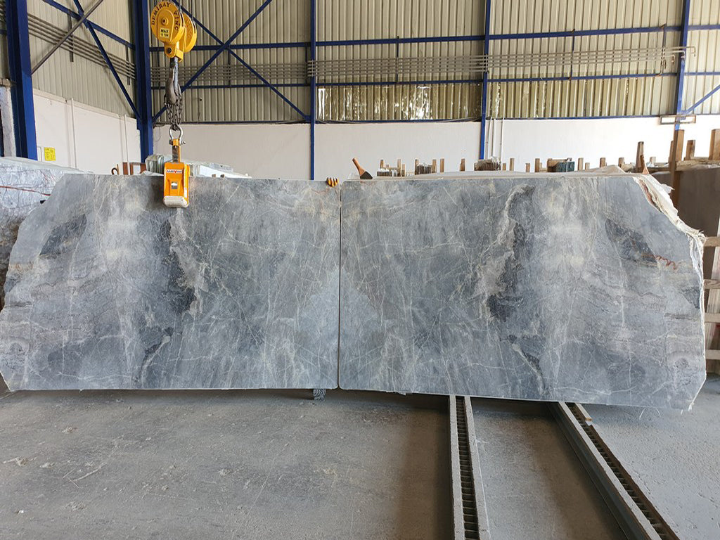 Blue Gray marble with white and black veining slabs book matched