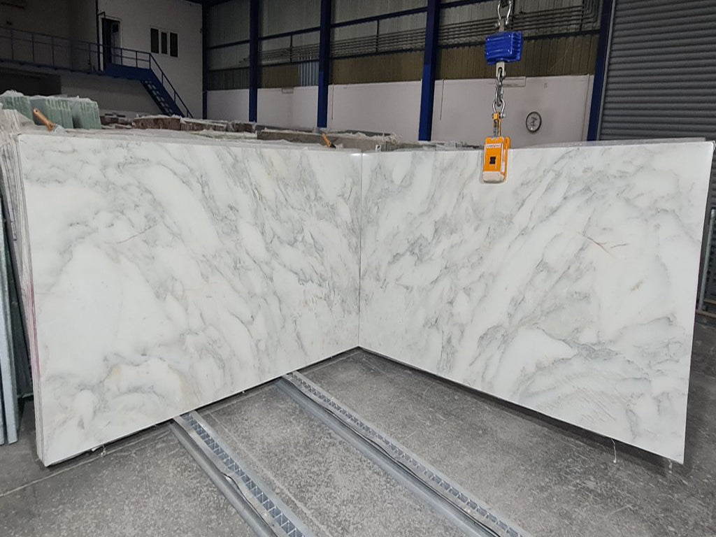 White marble with green veining slab book matched