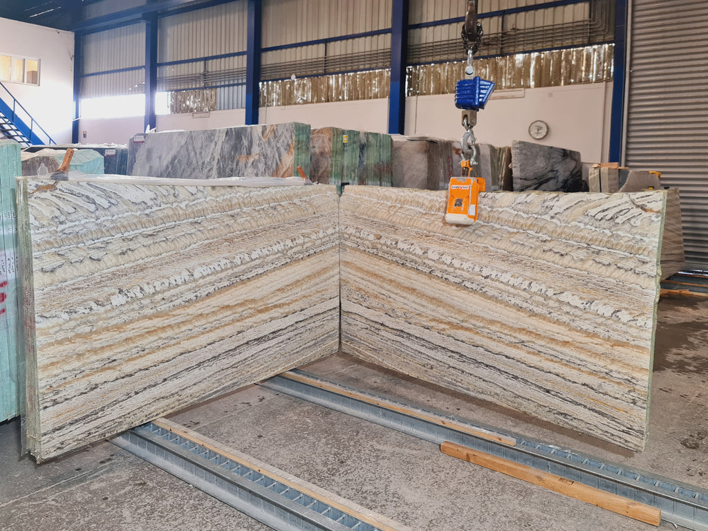 Beige Marble with linear tonal veining slab book matched