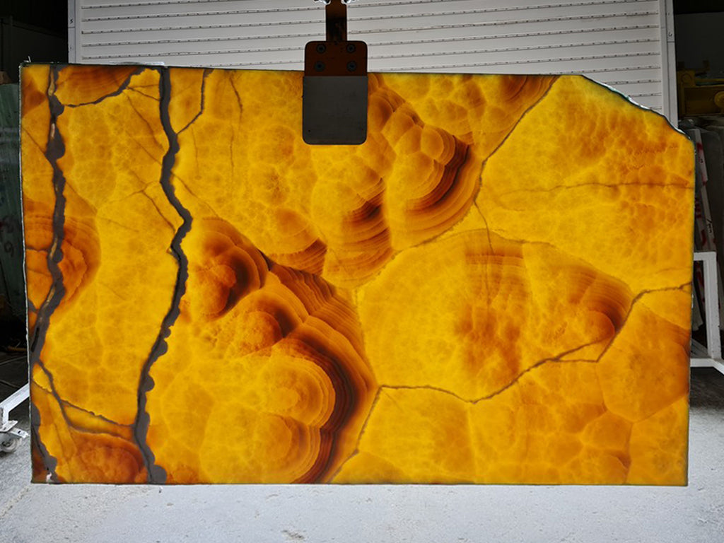Orange onyx with Malachite veining slab back lit