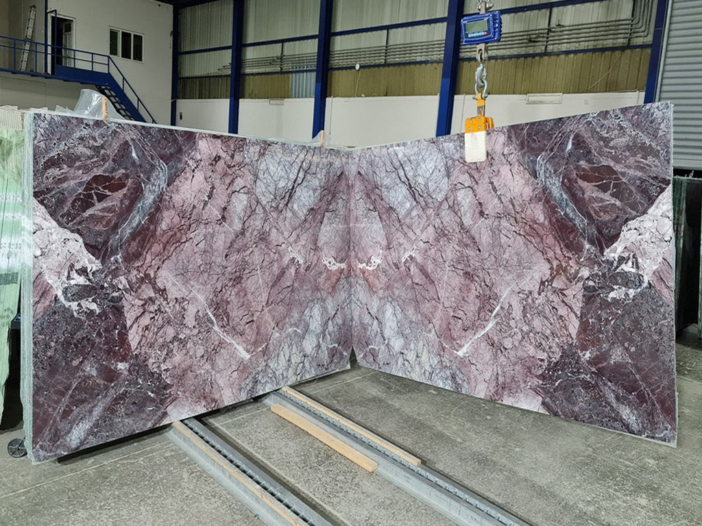 Purple marble with gray & pink veining slabs book matched
