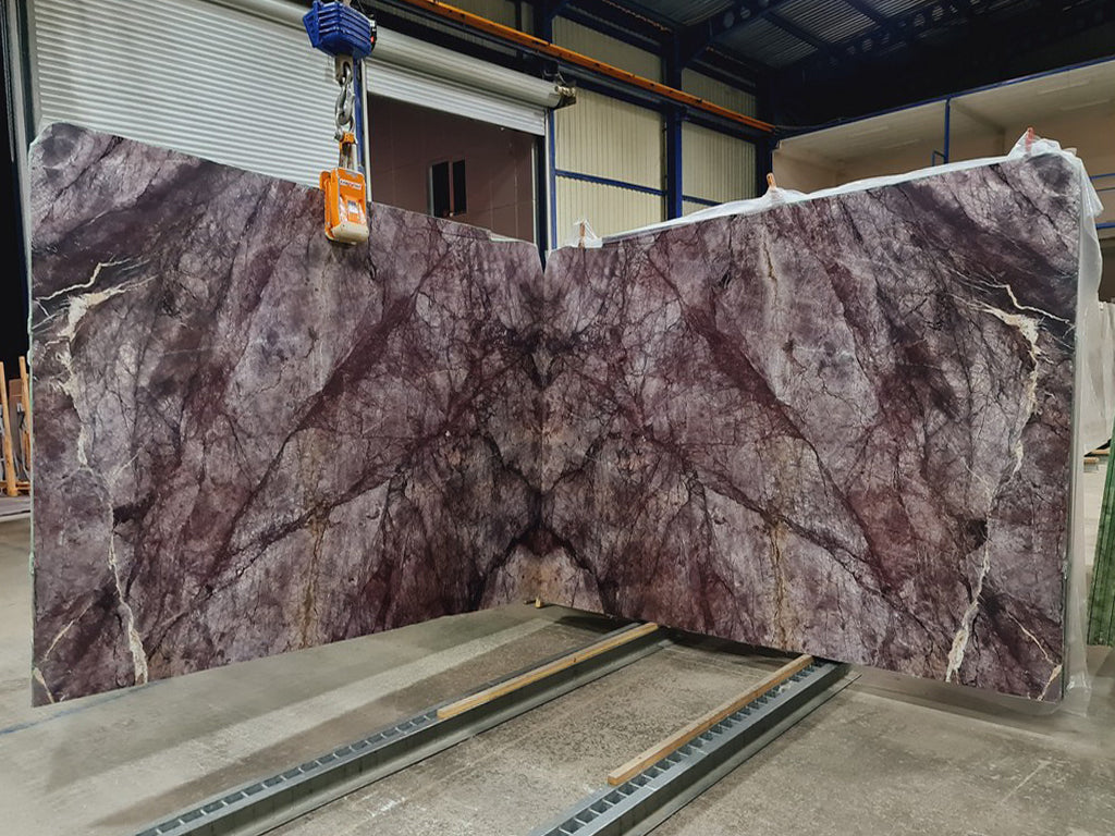 Purple marble with gray & pink veining slabs book matched