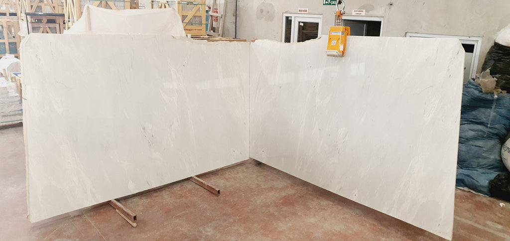 Gray marble with white veining slabs book matched